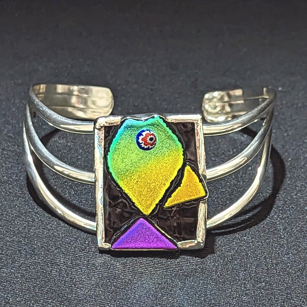 Triple Strand Sterling Silver Band Dichroic FISH Adjustable Bracelet - Picture 4 of 7